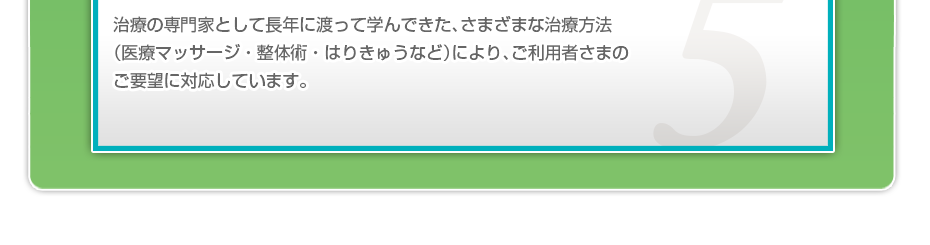 治療の専門家として長年に渡って学んできた、さまざまな治療方法（医療マッサージ・整体術・はりきゅうなど）により、ご利用者さまのご要望に対応しています。